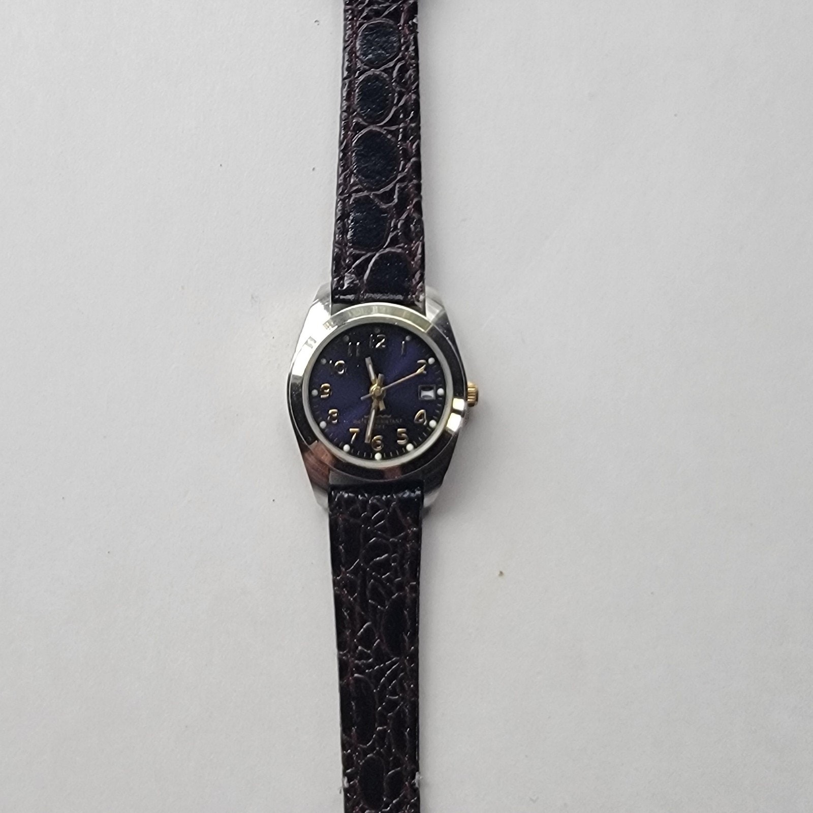 Womens Watch Blue Dial Brown Faux Leather Strap Silver Case Date Luminous